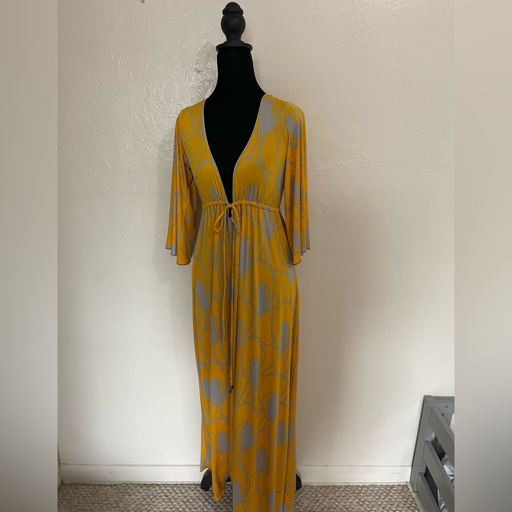 Pink Polkadot Yellow & Grey Floral V-Neck Maxi Dress - XS